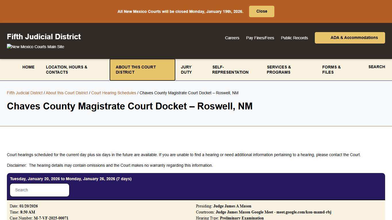 Chaves County Magistrate Court Docket - Roswell, NM - Fifth Judicial District